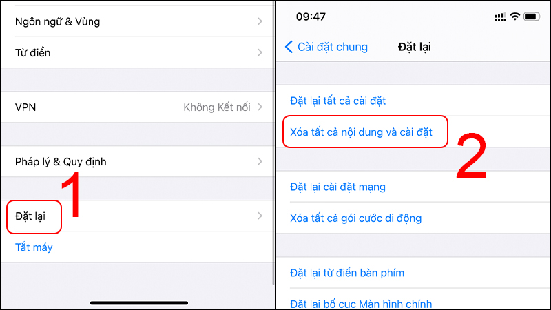 Chọn vào Xóa tât cà nội dung và cài đặt